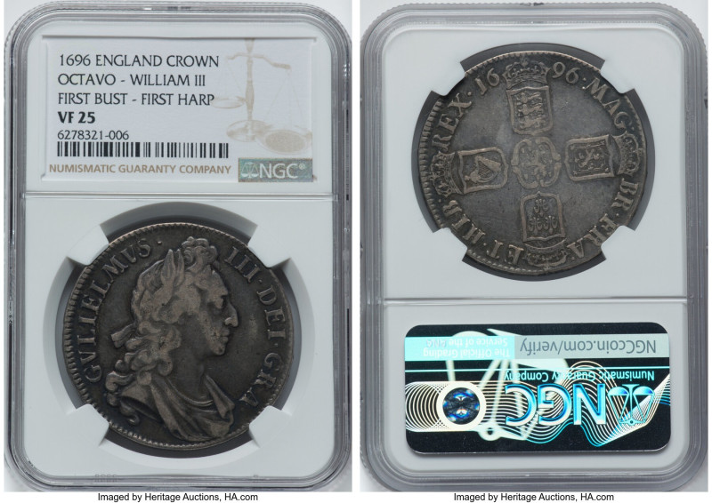 William III Crown 1696 VF25 NGC, KM494.1, S-3470. Octavo edge, first bust, first...