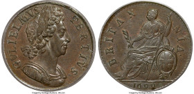 William III 1/2 Penny 1699 MS64 Brown PCGS, KM503, S-3556, 3rd issue. Tremendously difficult to locate in Mint State, this example sits alone at the p...