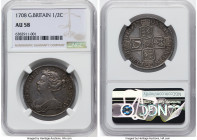 Anne 1/2 Crown 1708 AU58 NGC, KM525.1, S-3604. No plumes in angles variety. Fleeting moments of mint brilliance and cerulean toning nestling in the cr...