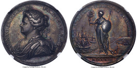 Anne silver "Peace of Utrecht" Medal 1713 AU58 NGC, MI-400/257. 34mm. By Croker. ANNA D G MAG BRI FR ET HIB REG Her laureate and draped left / COMPOSI...