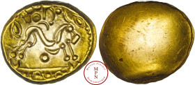 Ambiens (Région d'Amiens), Statère, Uniface avec exergue ornée, 60-50 avant J.-C., Av. Cheval à droite, accosté de globules, croissants et d'annelets ...