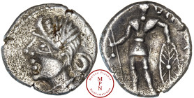 Eduens (Région du Mont-Beuvray),, Denier VIIPOTAL, 60-50 avant J.-C., Av. Buste féminin diadémé à gauche, Rv. Guerrier gaulois debout de face, en tenu...