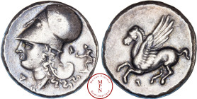 Corinthe, Statère, 375-300 avant J.-C., Av. Pégase à gauche, un Q dessous, Rv. Tête casquée d'Aphrodite à gauche, monogramme Δ I dans les champs, une ...