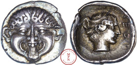 Macédoine, Neapolis, Hemidrachme, 420-350 avant J.-C., Av. Tête de Gorgone de face, passant la langue, Rv. ΝΕΟΠ, Tête de nymphe à droite, Argent, TTB+...