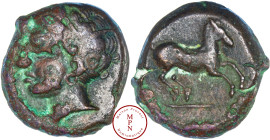 Zeugitane, Carthage, Unité de Bronze, 400-350 avant J.-C., Carthage ou atelier sicilien, Av. Tête laurée de femme à gauche, Rv. Cheval sautant à droit...