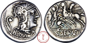 Servilia, Caius Serveilius, Denier, 127 avant J.-C., Av. Tête de Rome à droite, coiffée d'un casque ailé avec sous le menton une marque XVI, un lituus...