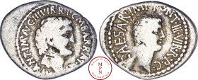 Marc-Antoine et Octave, Denier, 41 avant J.-C., Ephèse, Avec M. Barbatius Pollio, Av. M ANT IMP AVG III VIR R P C M BARBAT Q P, Tête de Marc-Antoine à...