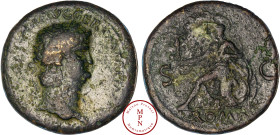 Néron (54-68), Sesterce, 66, Rome, Av. IMP NERO CLAVD CAESAR AVG GER P M TR P P P, Tête laurée à droite, Rv. ROMA / SC, Rome assise à gauche, sur une ...