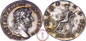 Hadrien (117-138), Denier, 120-121, Rome, Av. IMP CAESAR TRAIAN HADRIANVS AVG, Tête laurée à droite, Rv. P M TR P COS III / SAL AVG, La Santé assise à...