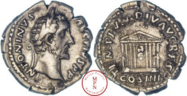 Antonin le Pieux (138-161), Denier, Rome, Av. ANTONINVS AVG PIVS P P, Tête laurée à droite, Rv. TEMPLVM DIV AVG REST / COS IIII, Temple octostyle avec...