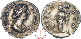 Faustine II la Jeune (175), Denier, Rome, Av. FAVSTINA AVGVSTA, Buste drapé à droite, coiffé d'un chignon bas, Rv. HILARITAS, L'Hilarité debout à gauc...