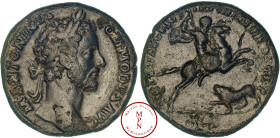 Commode (177-192), Sesterce, 182, Rome, Av. ANTONINVS COMMODVS AVG, Tête laurée à droite, Rv. VIRTVTI AVGVSTI TR P VII IMP IIII COS III P P / S, Commo...