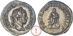 Caracalla (198-217), Denier, 215, Rome, Av. ANTONINVS PIVS AVG GERM, Tête laurée à droite, Rv. P M TR P XVIII COS IIII P P, Asclepius debout de face, ...