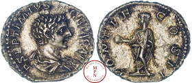 Geta (198-212), Denier, 209, Rome, Av. P SEPTIMIVS GETA CAES, Buste drapé et cuirassé à droite, Rv. PONTIF COS II, Geta debout à gauche, tenant un glo...