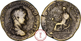 Elagabale (218-222), Sesterce, 220, Rome, Av. IMP CAES M AVR ANTONINVS PIVS AVG, Buste lauré, drapé et cuirassé à droite, Rv. P M TR P III COS III P P...