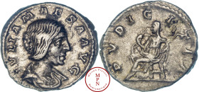 Julia Maesa (218-225), Denier, Rome, Av. JULIA MAESA AVG, Buste drapé à droite, Rv. PVDICITIA, La Pudeur assise à gauche, levant son voile de la main ...