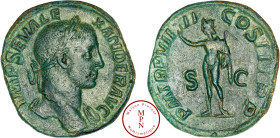 Alexandre Sévère (222-235), Sesterce, 232, Rome, Av. IMP SEV ALEXANDER AVG, Tête laurée à droite, Rv. P M TR P VIIII COS III P P, Sol debout à gauche,...