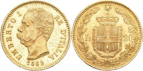 ITALIEN KÖNIGREICH
Umberto I., 1878 - 1900. 20 Lire 1882 R, Rom. Pagani 578; Schl. 66; Fb. 21. 6.43 g. Vorzüglich