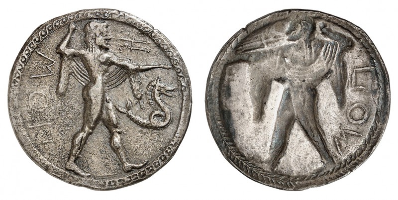 Lucanie
Posidonia.
Nomos vers 530-500 av. J.-C. Poséidon, diadémé, le manteau ...