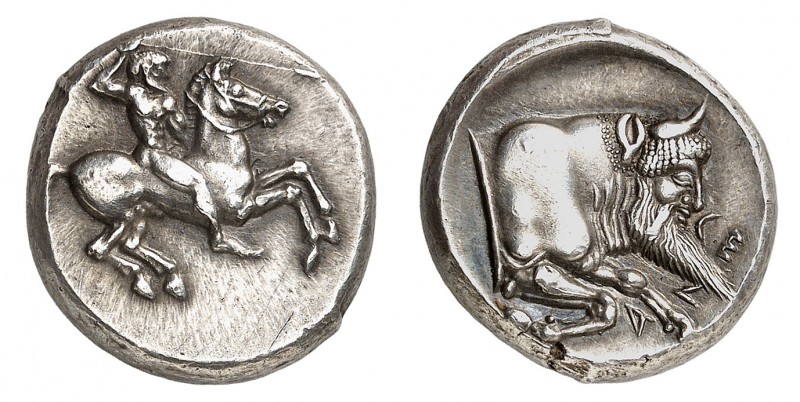 Sicile
Géla.
Didrachme vers 490-475 av. J.-C. Cavalier barbu et nu au galop à ...