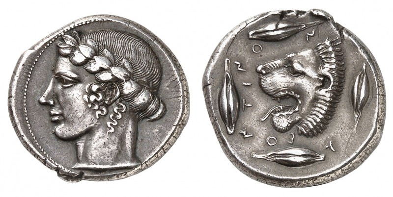 Sicile
Léontini.
Tétradrachme vers 440-430 av. J.-C. Tête laurée d'Apollon à g...