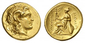 Royaume de Thrace
Lysimaque 323-281 av. J.-C.
Statère d'or 297-281, Alexandria Troas. Tête divinisée d'Alexandre le grand avec corne d'Amon / Athéna...