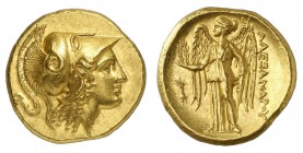 Royaume de Macédoine
Alexandre III 336-323 av. J.-C.
Double statère d'or vers 330-320, Amphipolis. Tête d'Athéna à droite portant un casque corinthi...