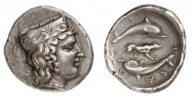 Argolide
Argos.
Statère vers 370-350 av. J.-C. Tête d'Héra à droite portant une couronne décorée de palmettes / Deux dauphins nageant en cercle; au ...