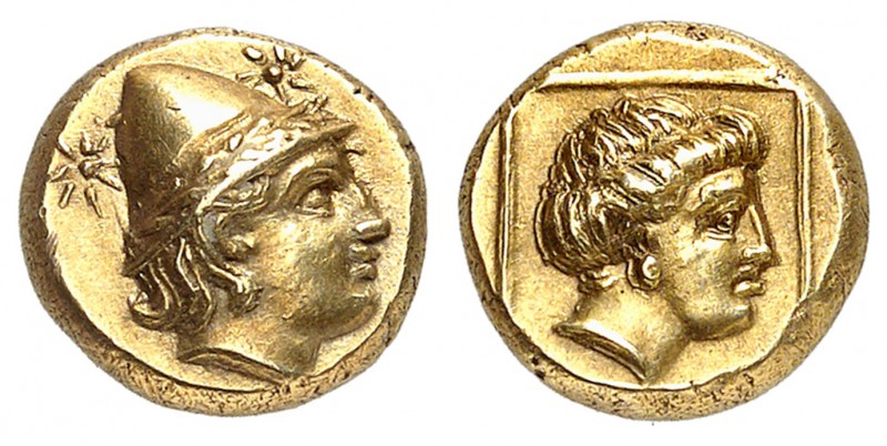 Lesbos
Mytilène.
Hecté 377-326 av. J.-C. Tête du plus jeune des deux Cabires c...
