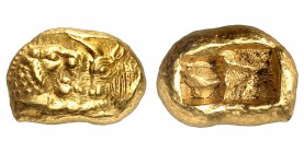 Royaume de Lydie
Crésus 561-546 av. J.-C. 
Tiers de statère d'or léger, Sardes. Protomés de lion et de taureau face à face / Deux carrés incus irrég...