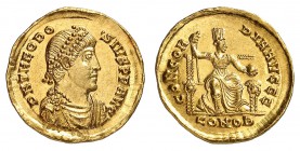 Théodose I 379-395.
Solidus 378-383. D N THEODO-SIVS P F AVG Buste drapé et cuirassé de Théodose I à droite portant un diadème à perles / CONCOR-DIA ...