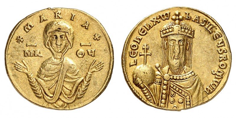 Léon VI 886-912.
Solidus vers 897-902. Buste de face de la Vierge Marie en atti...