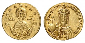 Léon VI 886-912.
Solidus vers 897-902. Buste de face de la Vierge Marie en attitude de prière, vêtue du pallium et du maphorium; dans le champ / Bust...