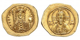 Théodora 1055-1056.
Tetarteron 1055-1056. Buste du Christ nimbé de face, vêtu du pallium et du colobium, tenant les Evangiles dans la main gauche et ...