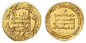 Dynastie Abbasside
al-Muqtadir, AH 295-320 (908-932). 
Dinar AH 302 (914-15), al-Rahba. Inscription sur cinq lignes entourée d'une double légende ci...