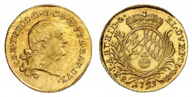 Bavière
Charles-Théodore, 1777-1799. 
Ducat 1795, Munich. Buste aux cheveux noués sur la nuque à droite / Ecu ovale couronné entre une branche de la...