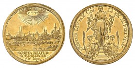 Nuremberg
5 Ducats 1698, Nuremberg. Vue de Nuremberg surmontée du nom de Dieu rayonnant. Inscription et date sur trois lignes à l'exergue / La Paix d...