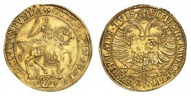 Magdebourg
5 Ducats 1599. L'empereur Othon I en armure, chevauchant à droite. Date à l'exergue / Armoiries sur une aigle bicéphale couronnée. 17,56g ...