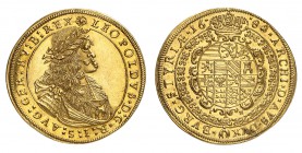 Léopold I, 1657-1705. 
6 Ducats 1682 (sur 1680), Graz. Buste lauré, drapé et cuirassé, à droite / Ecu ovale ornementé entouré du collier de l'ordre d...