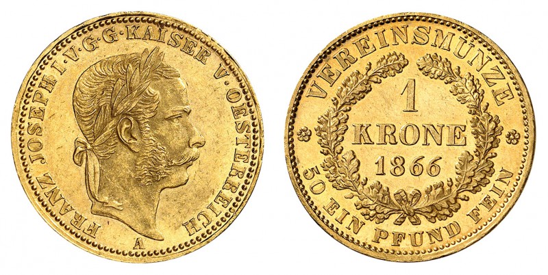 François-Joseph I, 1848-1916. 
Krone 1866 A, Vienne. Tête laurée à droite. Lett...