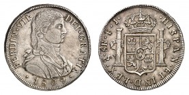 Ferdinand VII, 1808-1833. 
8 Reales 1809 So-FJ, Santiago. Buste en uniforme à droite. Date au-dessous / Ecu couronné entre les colonnes d'Hercule. Tr...