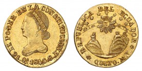 République. 
8 Escudos 1840 MV, Quito. Buste de la Liberté à gauche. Date et valeur au-dessous / Le soleil et le zodiaque au-dessus de trois montagne...
