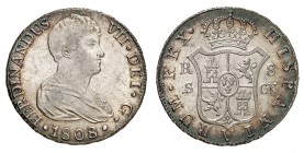 Royaume d'Espagne
Ferdinand VII, 1808-1833. 
8 Reales 1808 S-CN, Séville. Buste drapé à droite. Date au-dessous / Ecu couronné coupant la valeur. Tr...