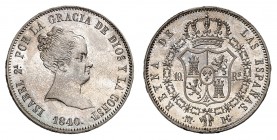 Royaume d'Espagne
Isabelle II, 1833-1868. 
10 Reales 1840 M-DG, Madrid. Buste à droite. Date au-dessous / Armoiries couronnées. Valeur de part et d'...
