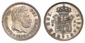 Royaume d'Espagne
Charles VII, prétendant, 1872-1876. 
5 Pesetas 1874, Bruxelles. Tête laurée à droite. Nom du graveur au-dessous. Date à l'exergue ...