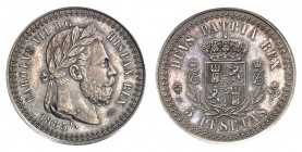 Royaume d'Espagne
Charles VII, prétendant, 1872-1876. 
5 Pesetas 1885, Bruxelles. Tête laurée à droite. Date au-dessous / Armoiries couronnées entre...
