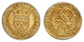 Royaume de France
Charles VI, 130-1422. 
Ecu d'or non daté, cinquième émission (1411), Saint-Lô. Ecu de France couronné / Croix fleurdelisée et feui...