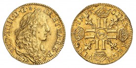 Royaume de France
Louis XIV, 1643-1715. 
Louis d'or juvénile du Béarn 1672, Pau. Buste drapé et lauré à droite. Date au-dessous / Croix formée de hu...