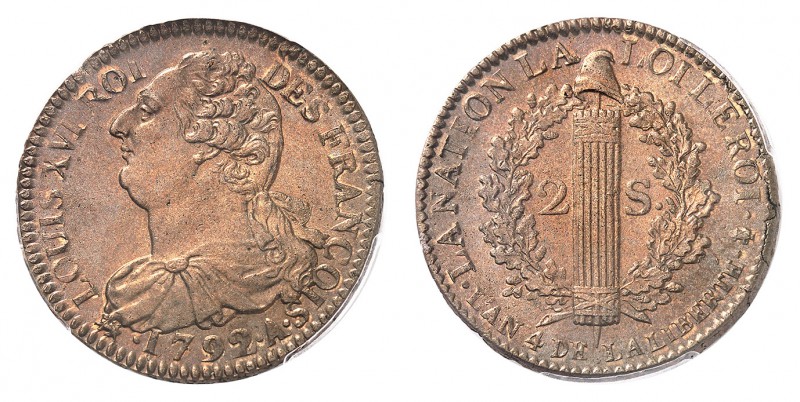 Epoque contemporaine 
La Constitution, 1791-1792. 
2 Sols 1792 A, Paris. Buste...