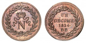 Epoque contemporaine 
Premier Empire, 1804-1814. 
Décime 1814 BB, Strasbourg. REFRAPPE. Initiale N surmontée d'une couronne, le tout dans une couron...